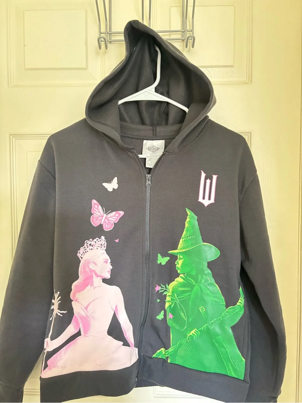 Kids Black Zip-Up Hoodie with Pink & Green Princess and Witch Graphics